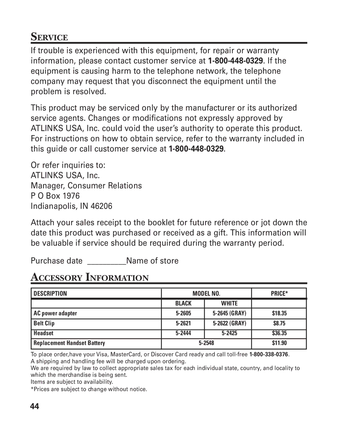 GE 55908580 manual Service, Accessory Information 