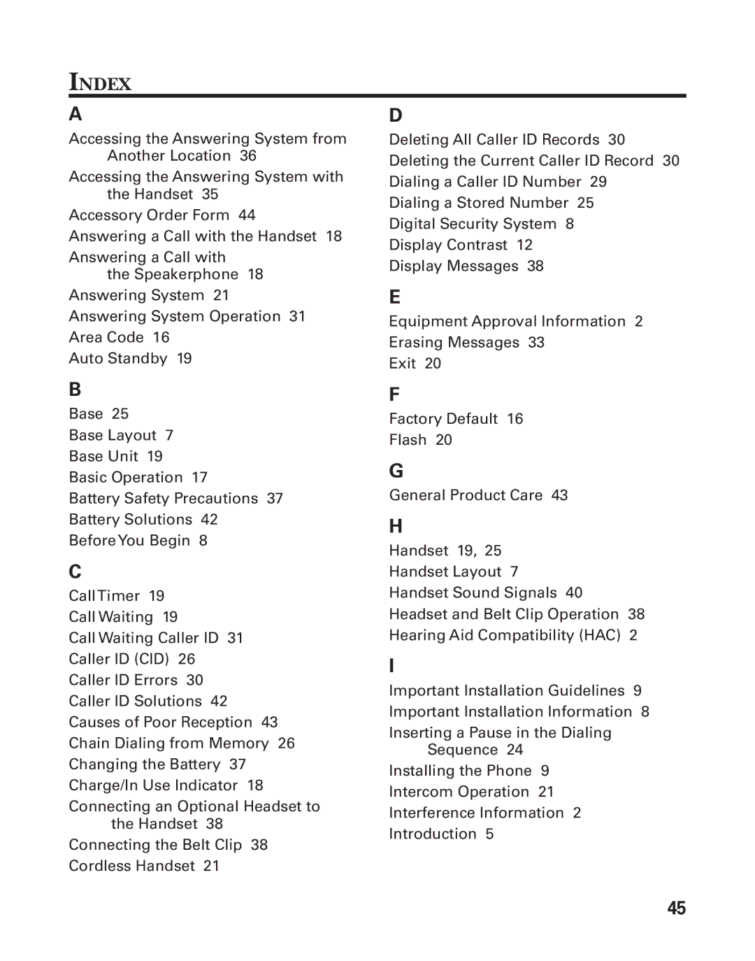 GE 55908580 manual Index 