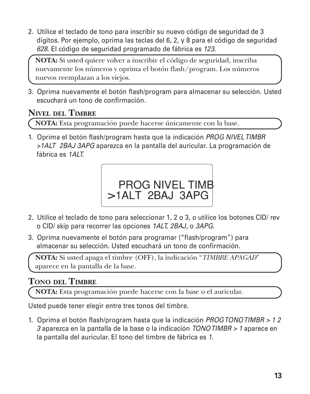 GE 55908580 manual Nivel DEL Timbre, Tono DEL Timbre 