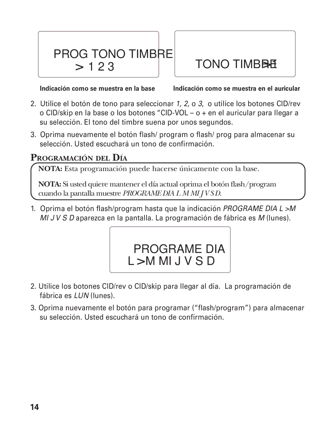 GE 55908580 manual Prog Tono Timbre, Programación DEL DÍA 