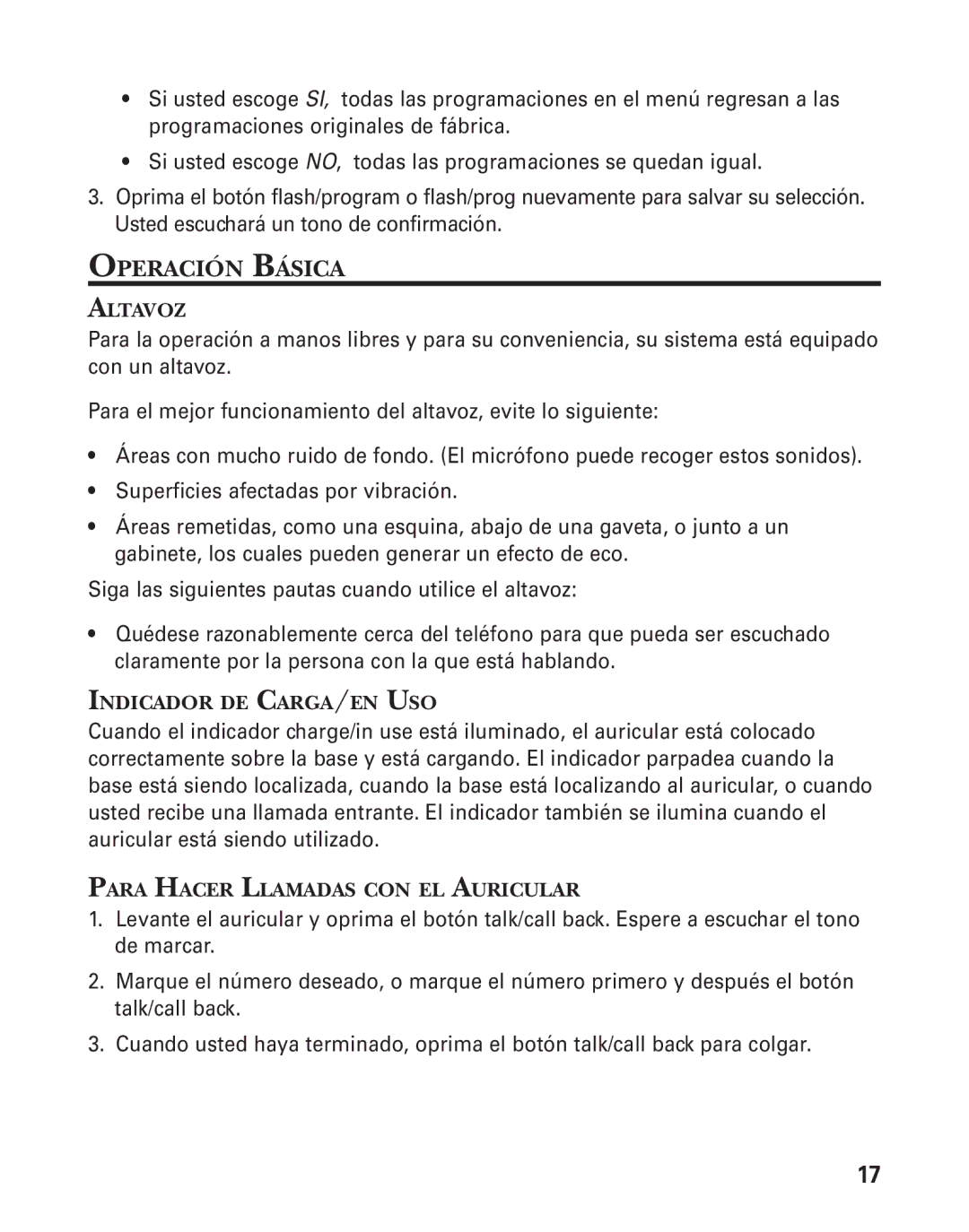 GE 55908580 manual Operación Básica, Altavoz, Indicador DE CARGA/EN USO, Para Hacer Llamadas CON EL Auricular 