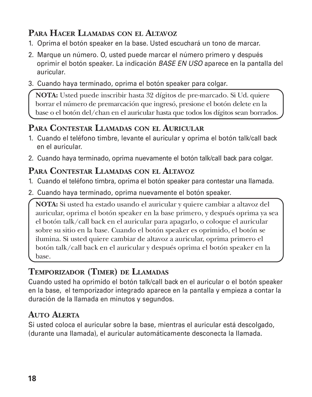 GE 55908580 Para Hacer Llamadas CON EL Altavoz, Para Contestar Llamadas CON EL Auricular, Temporizador Timer DE Llamadas 