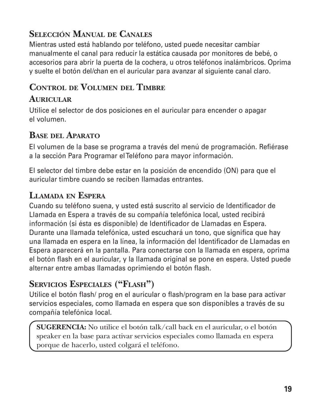 GE 55908580 Selección Manual DE Canales, Control DE Volumen DEL Timbre Auricular, Base DEL Aparato, Llamada EN Espera 