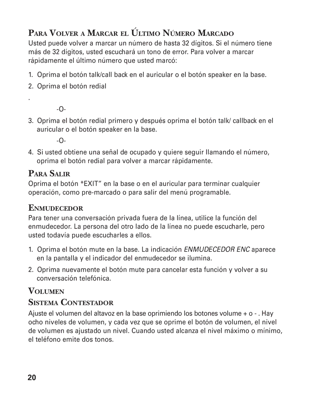 GE 55908580 manual Para Volver a Marcar EL Último Número Marcado, Para Salir, Enmudecedor, Volumen Sistema Contestador 