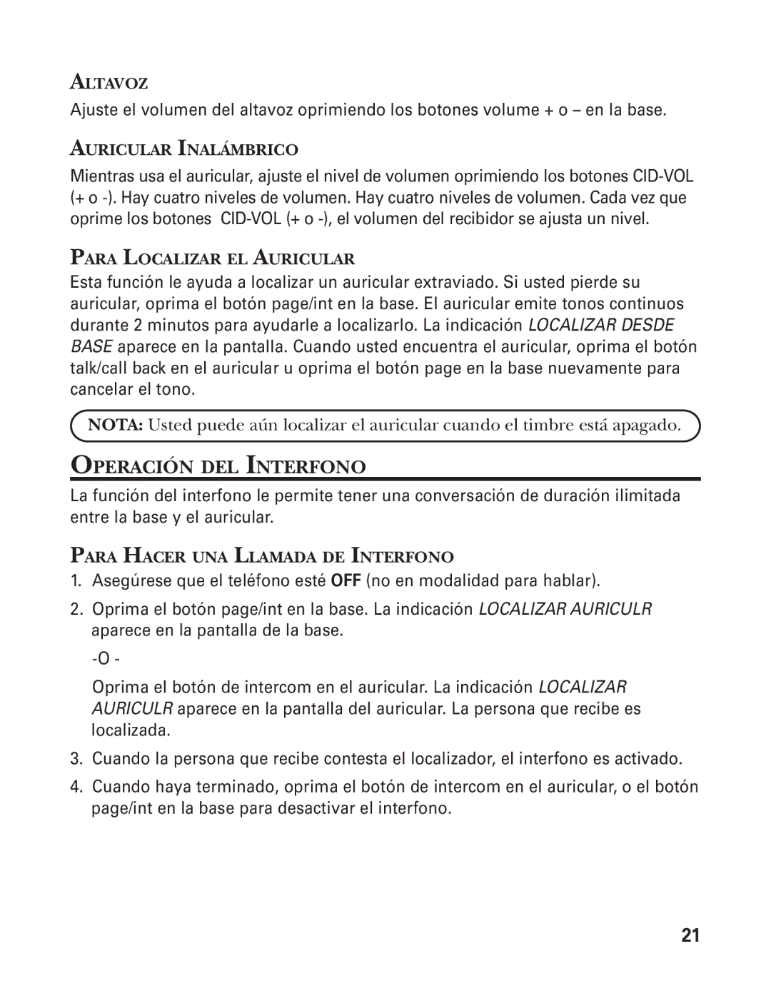 GE 55908580 manual Operación DEL Interfono, Auricular Inalámbrico, Para Localizar EL Auricular 