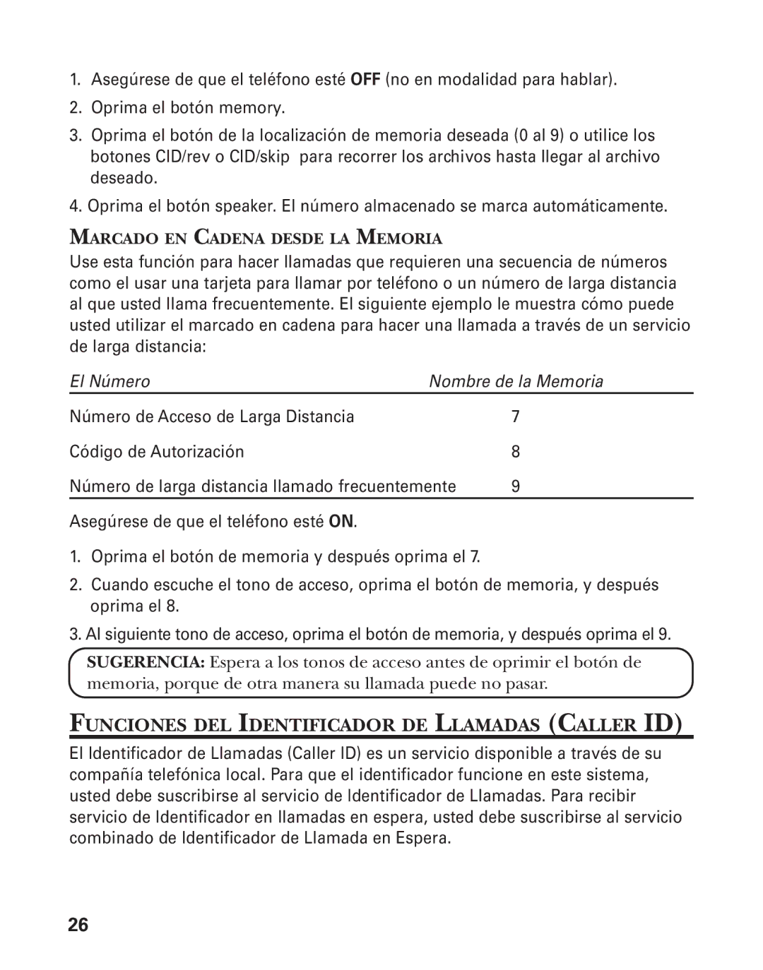 GE 55908580 manual Funciones DEL Identificador DE Llamadas Caller ID, Marcado EN Cadena Desde LA Memoria 