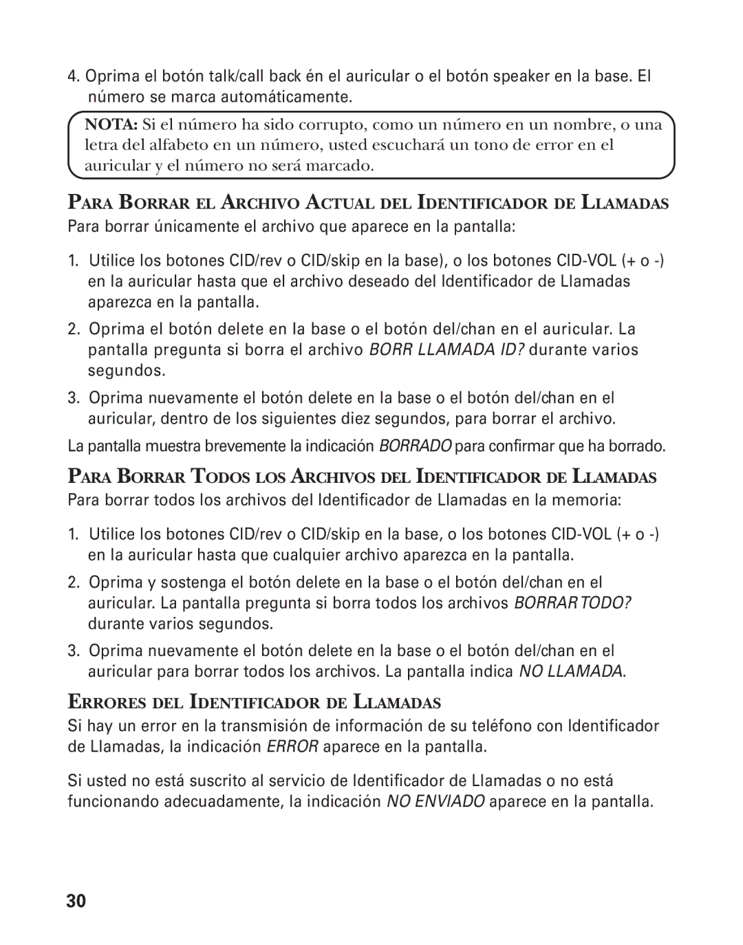 GE 55908580 manual Para Borrar EL Archivo Actual DEL Identificador DE Llamadas, Errores DEL Identificador DE Llamadas 