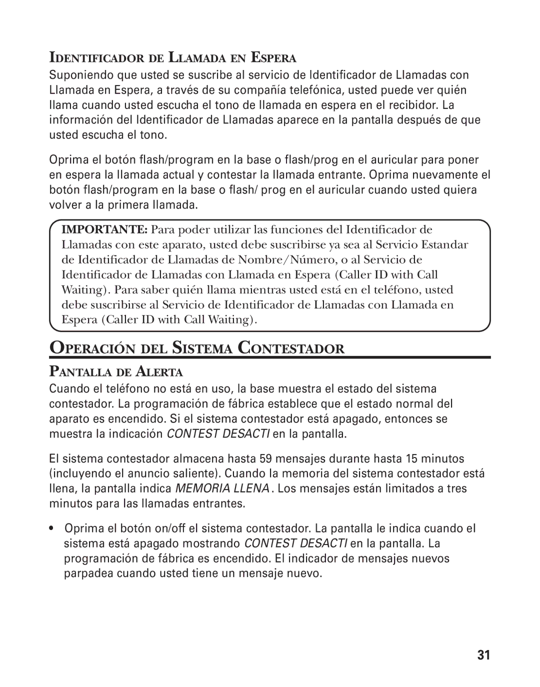 GE 55908580 manual Operación DEL Sistema Contestador, Identificador DE Llamada EN Espera, Pantalla DE Alerta 