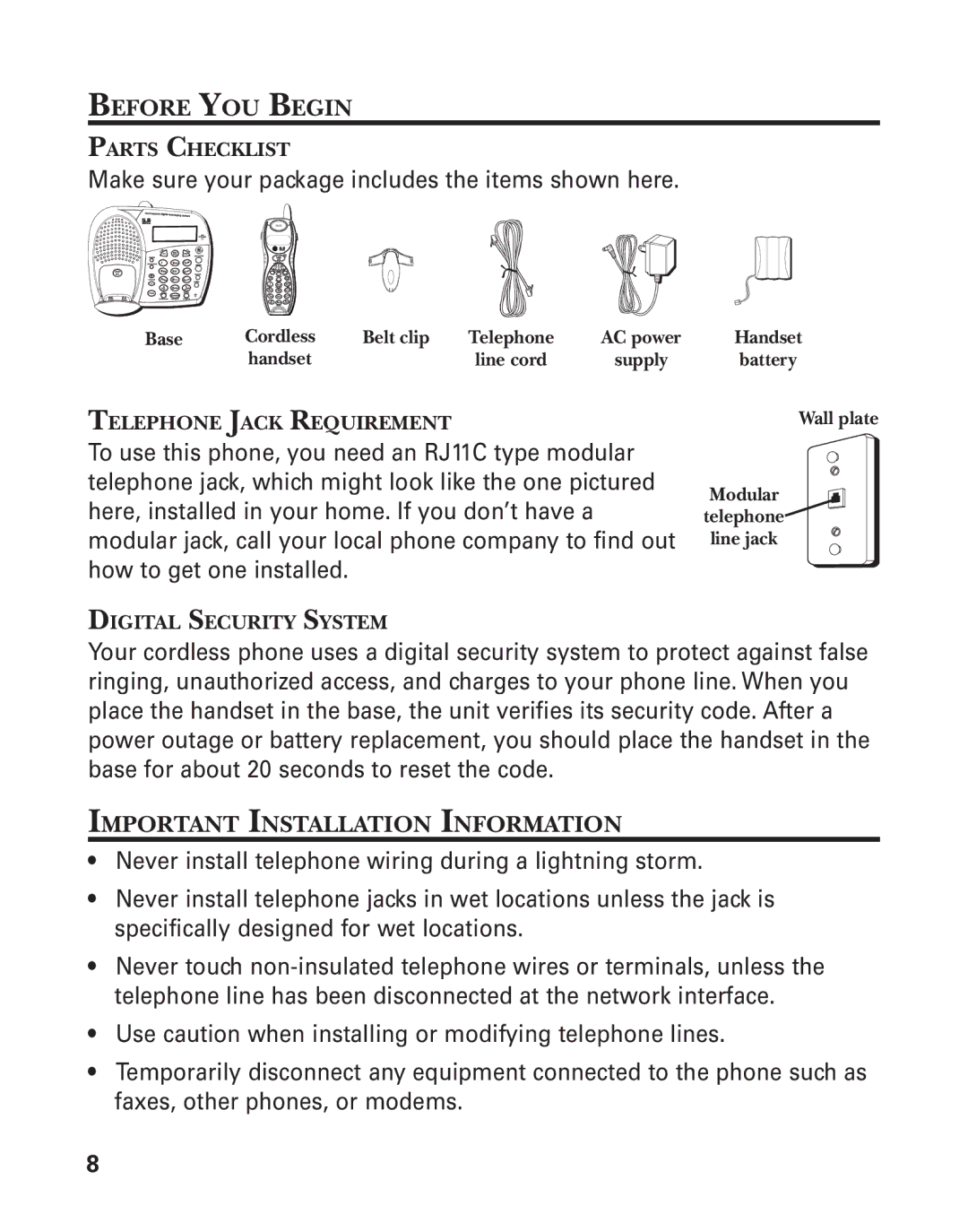 GE 55908580 manual Before YOU Begin, Important Installation Information, Parts Checklist, Telephone Jack Requirement 