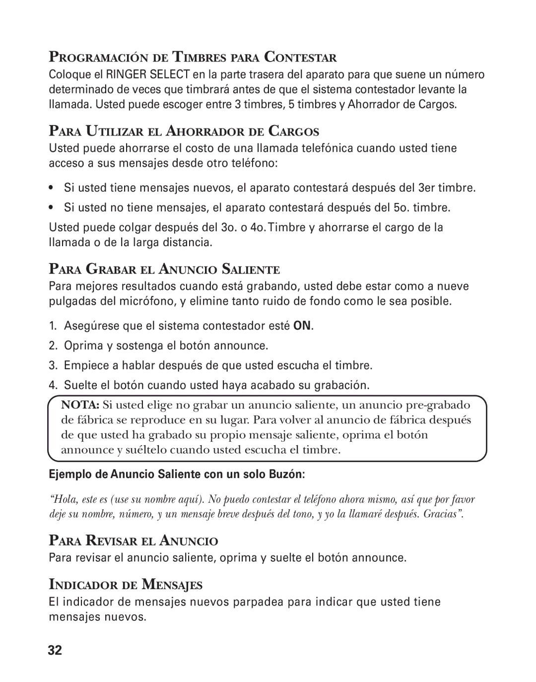 GE 55908580 Programación DE Timbres Para Contestar, Para Utilizar EL Ahorrador DE Cargos, Para Grabar EL Anuncio Saliente 