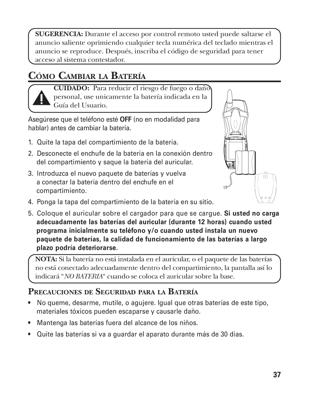 GE 55908580 manual Cómo Cambiar LA Batería, Precauciones DE Seguridad Para LA Batería 