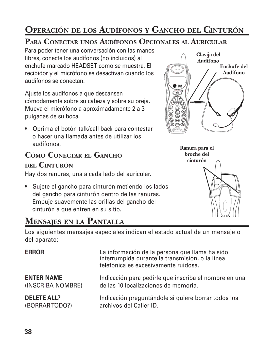 GE 55908580 manual Operación DE LOS Audífonos Y Gancho DEL Cinturón, Mensajes EN LA Pantalla 