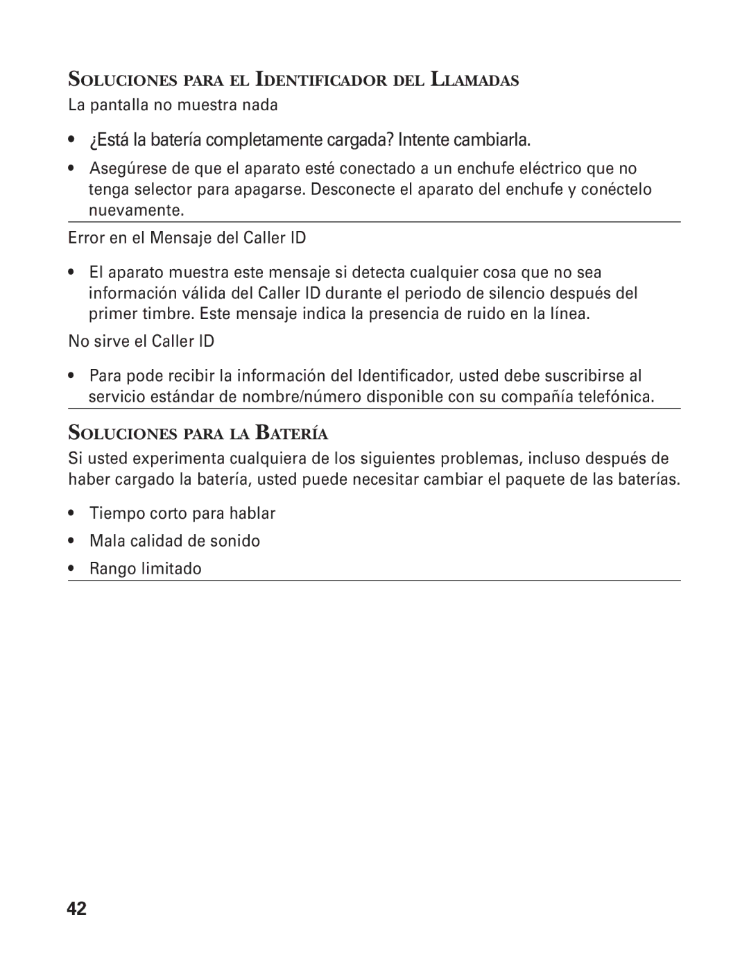 GE 55908580 manual Soluciones Para EL Identificador DEL Llamadas, Soluciones Para LA Batería 