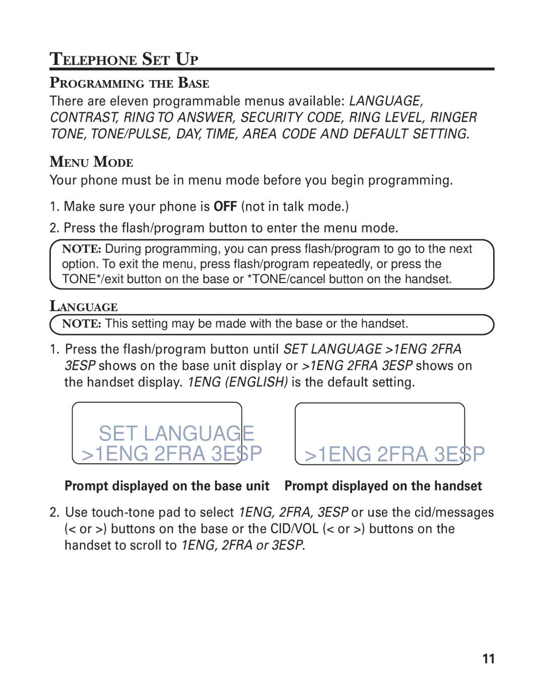 GE 55909320 manual Telephone SET UP, Programming the Base, Menu Mode, Language 