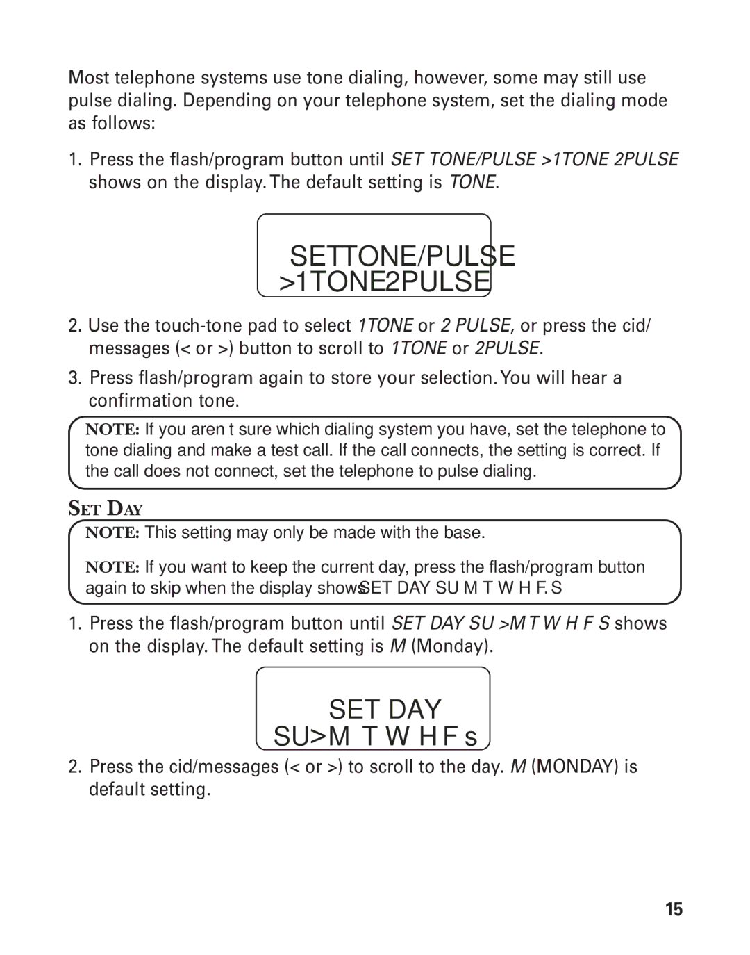 GE 55909320 manual SET TONE/PULSE 1TONE 2PULSE, Set Day 