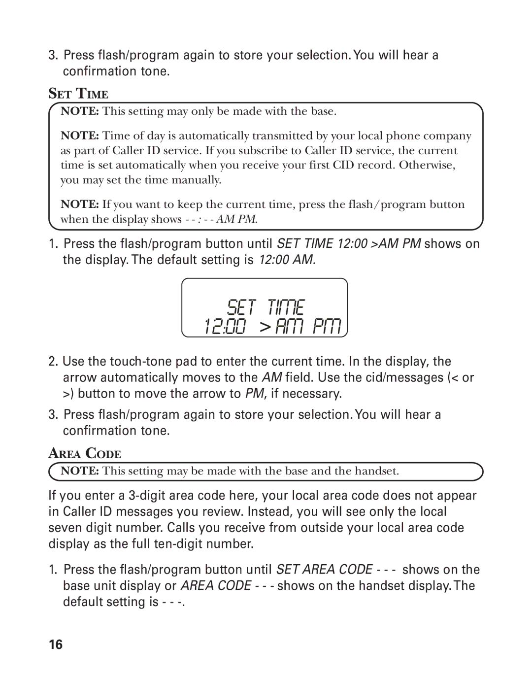 GE 55909320 manual SET Time, Area Code 