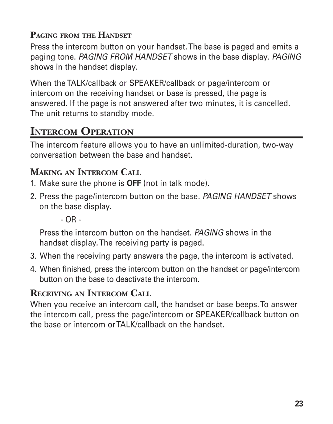 GE 55909320 manual Intercom Operation, Making AN Intercom Call, Receiving AN Intercom Call 