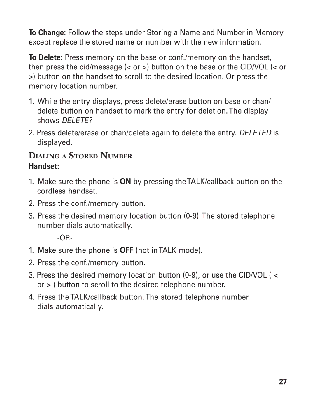 GE 55909320 manual Handset, Dialing a Stored Number 