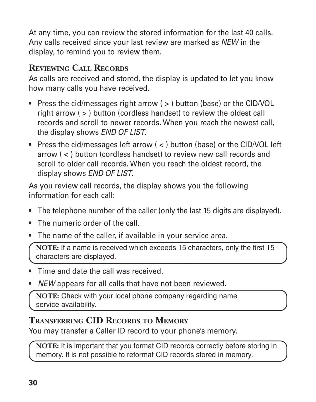 GE 55909320 manual Reviewing Call Records, Transferring CID Records to Memory 