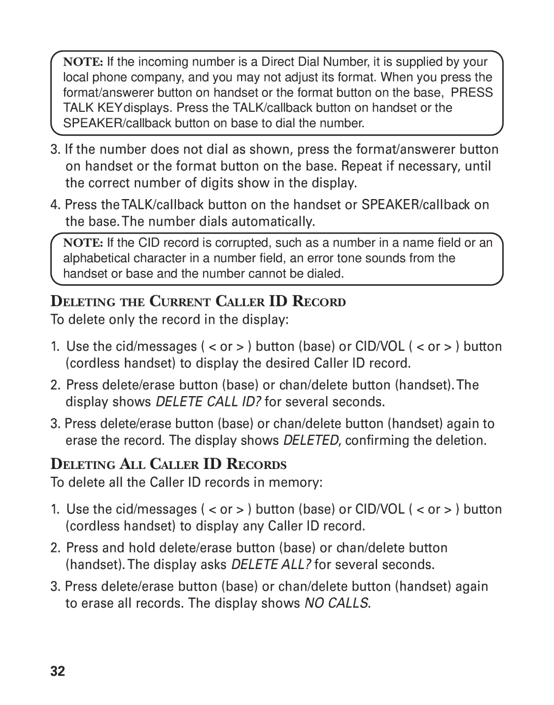 GE 55909320 manual Deleting the Current Caller ID Record, Deleting ALL Caller ID Records 