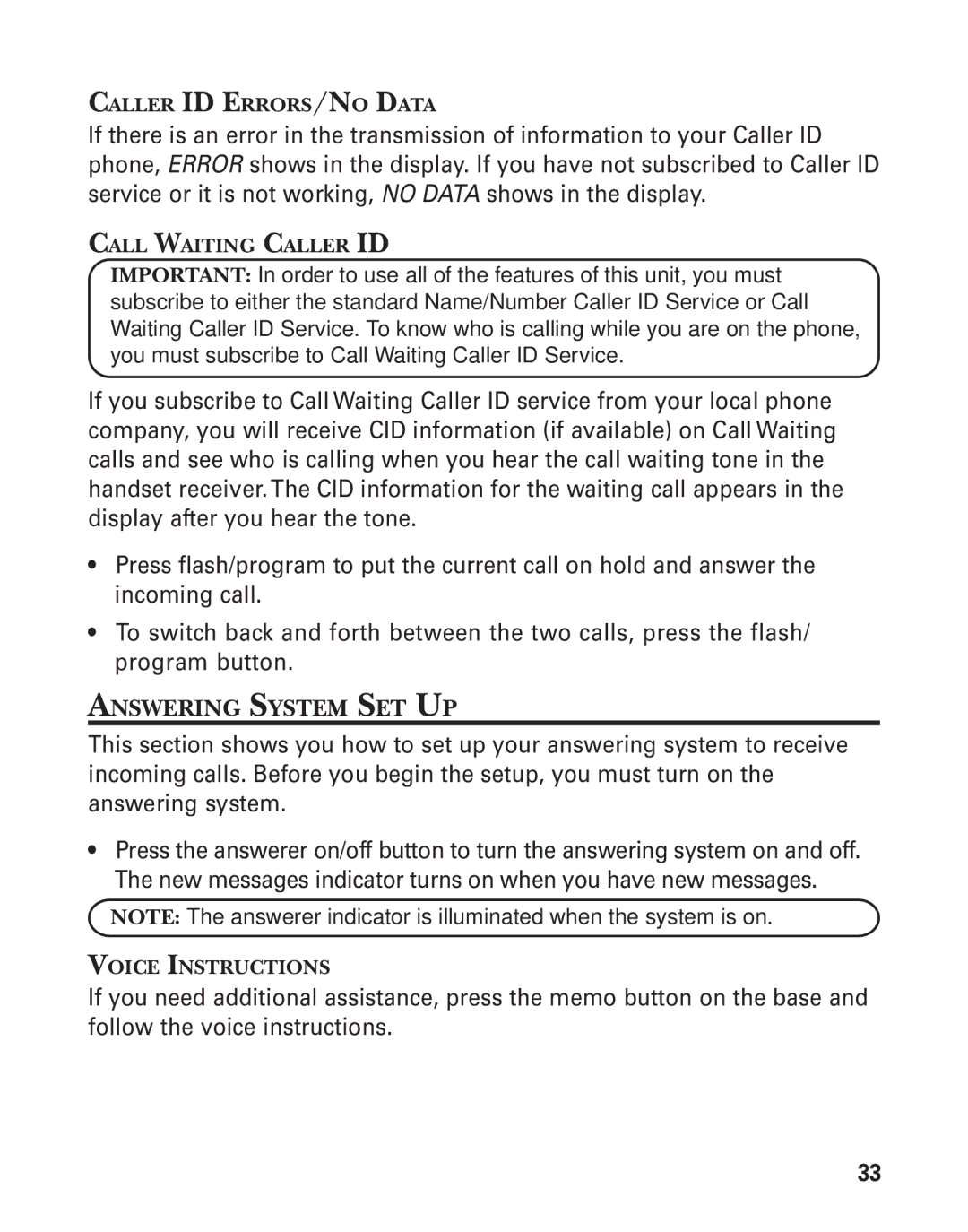 GE 55909320 manual Answering System SET UP, Caller ID ERRORS/NO Data, Call Waiting Caller ID, Voice Instructions 