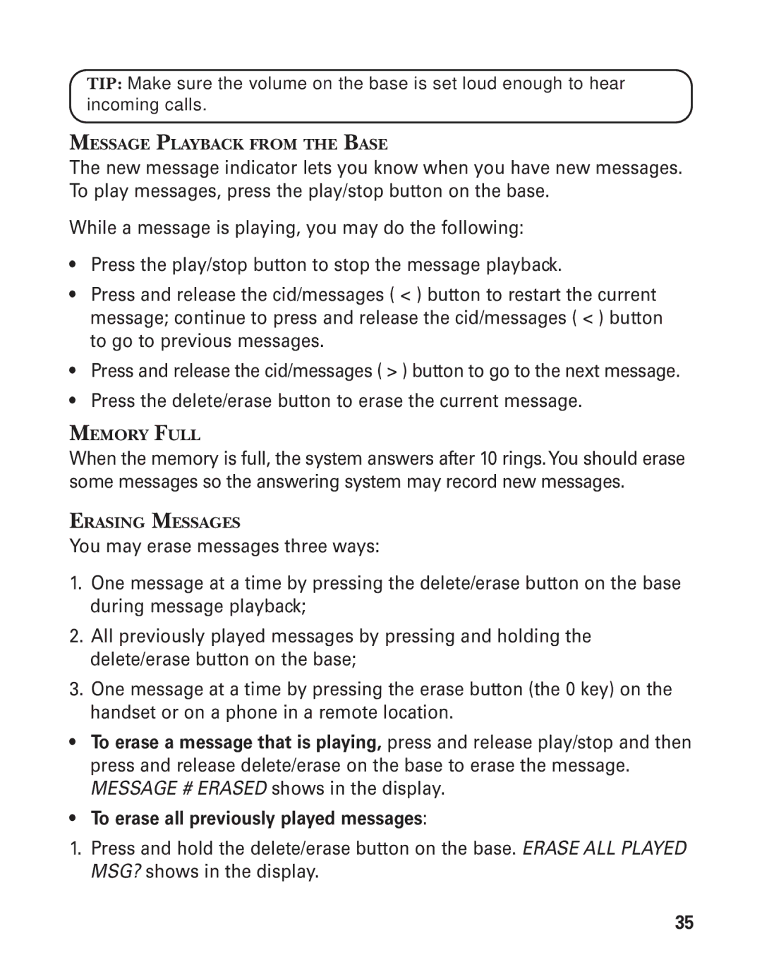 GE 55909320 manual Message Playback from the Base, Memory Full, Erasing Messages 
