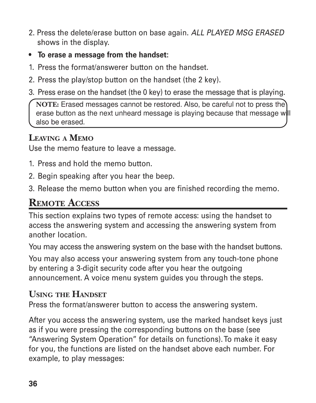 GE 55909320 manual Remote Access, Leaving a Memo, Using the Handset 