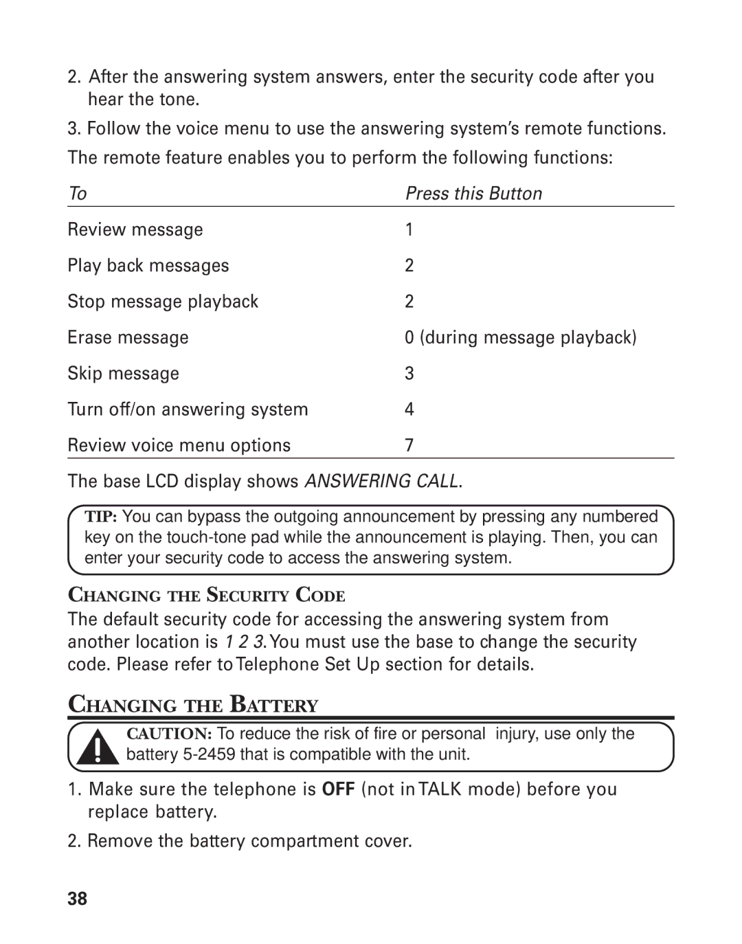 GE 55909320 manual Changing the Battery, Changing the Security Code 