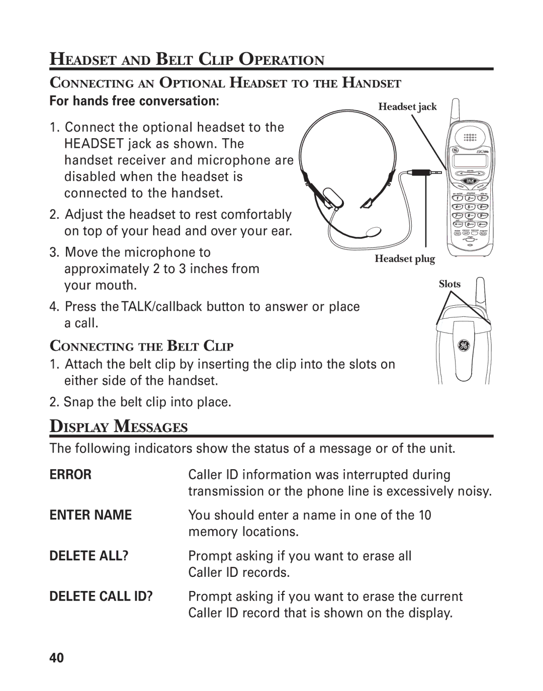 GE 55909320 manual Headset and Belt Clip Operation, Display Messages, Connecting AN Optional Headset to the Handset 