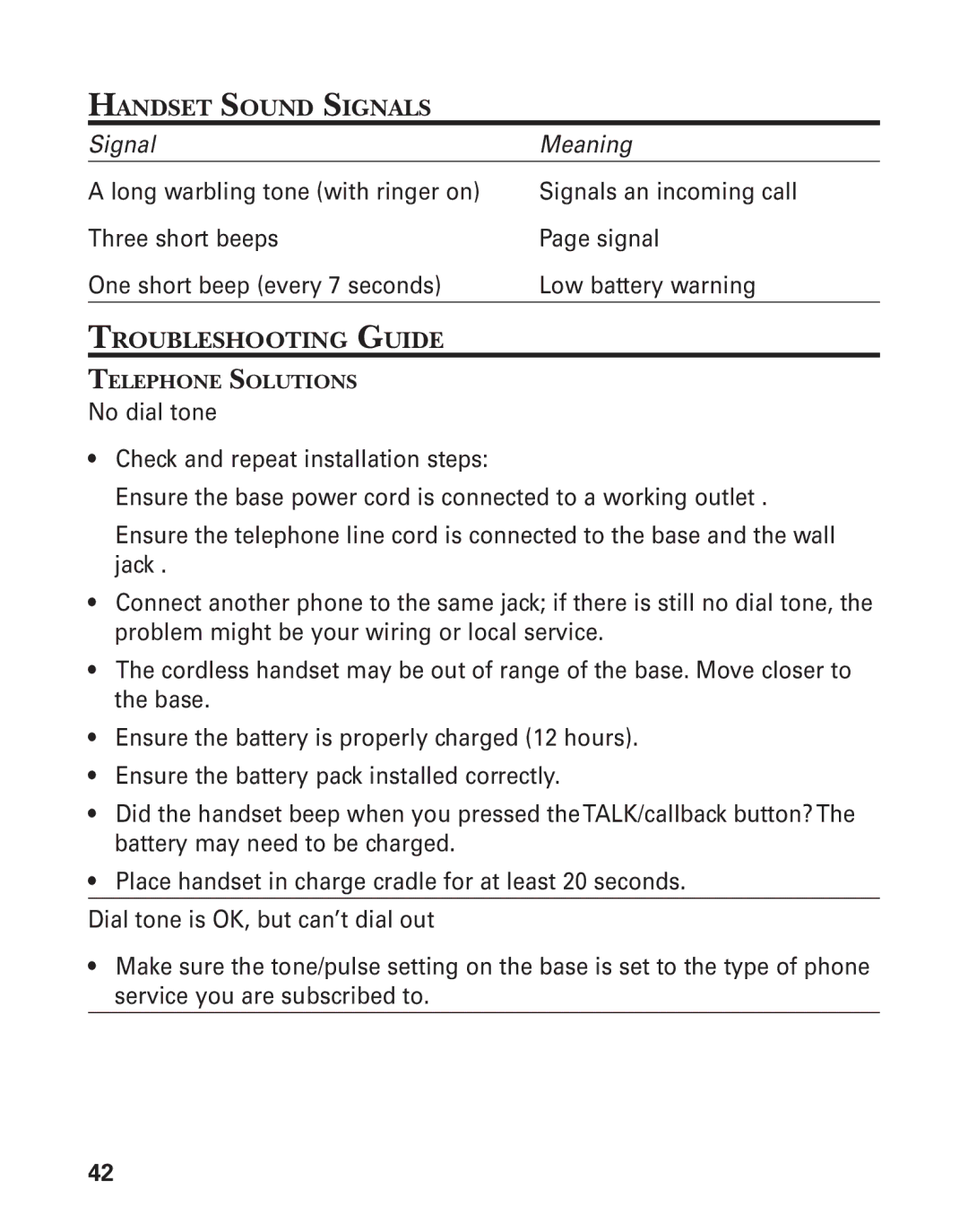 GE 55909320 manual Handset Sound Signals, Troubleshooting Guide 