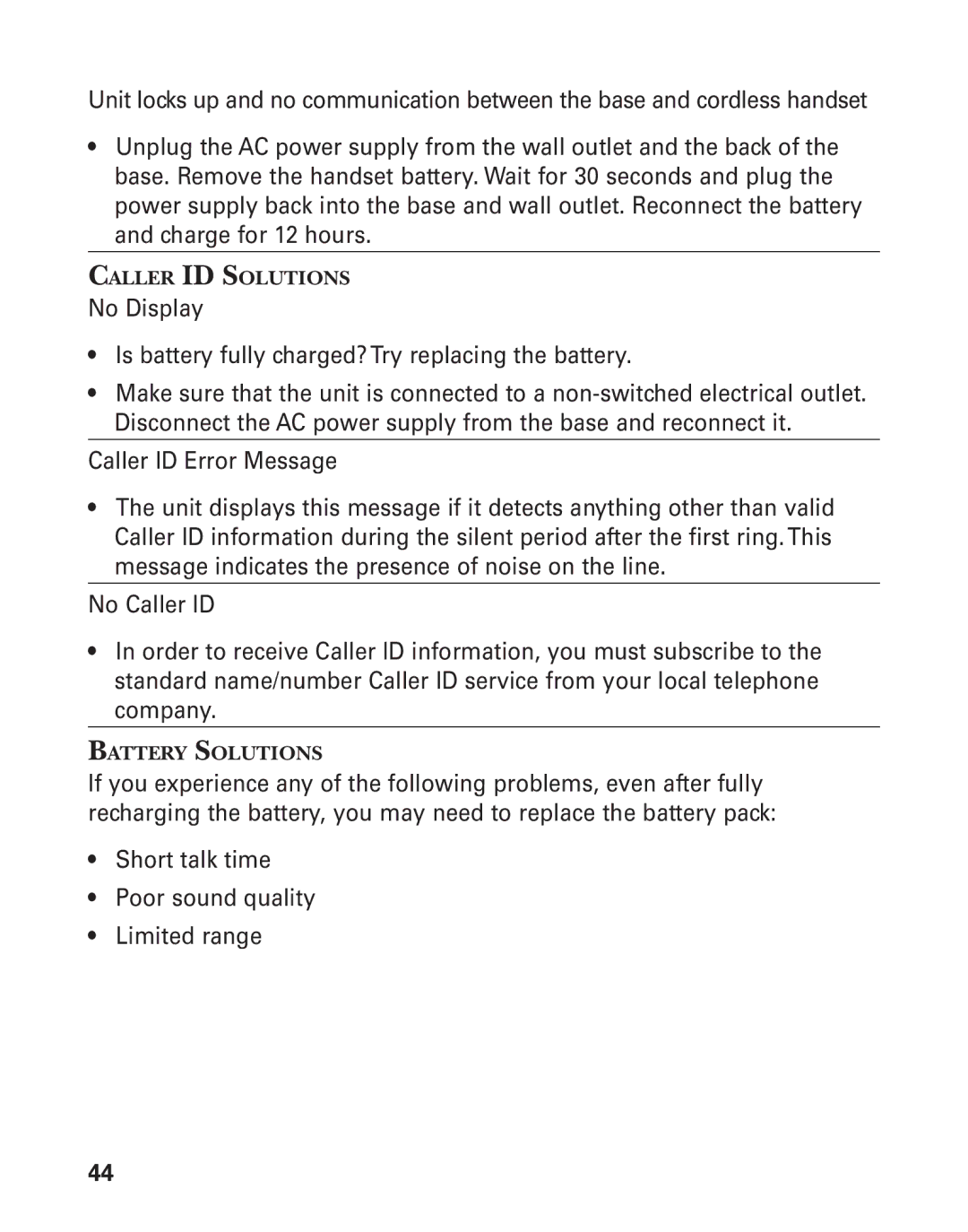 GE 55909320 manual Caller ID Solutions, Battery Solutions 