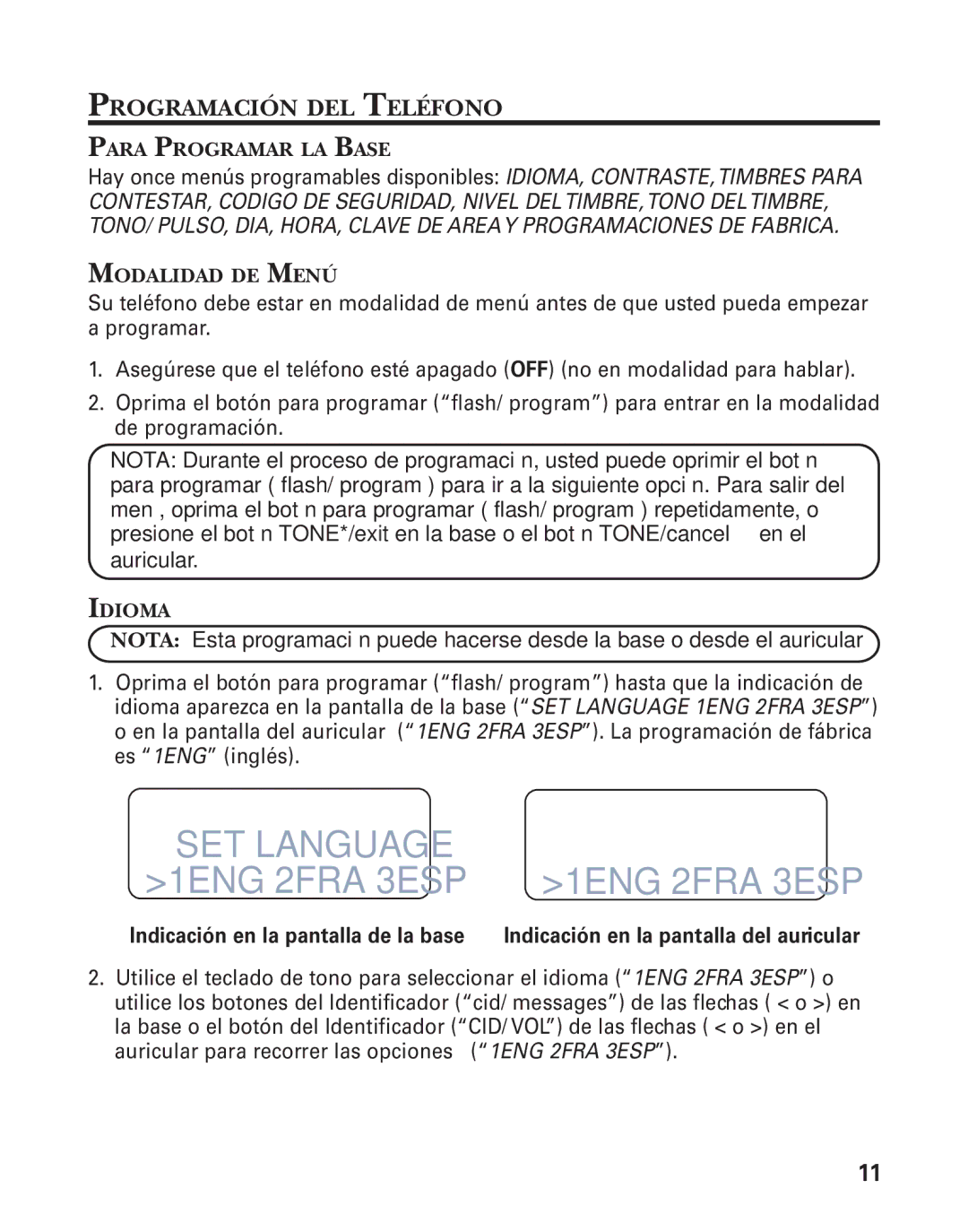 GE 55909320 manual Programación DEL Teléfono, Para Programar LA Base, Modalidad DE Menú, Idioma 