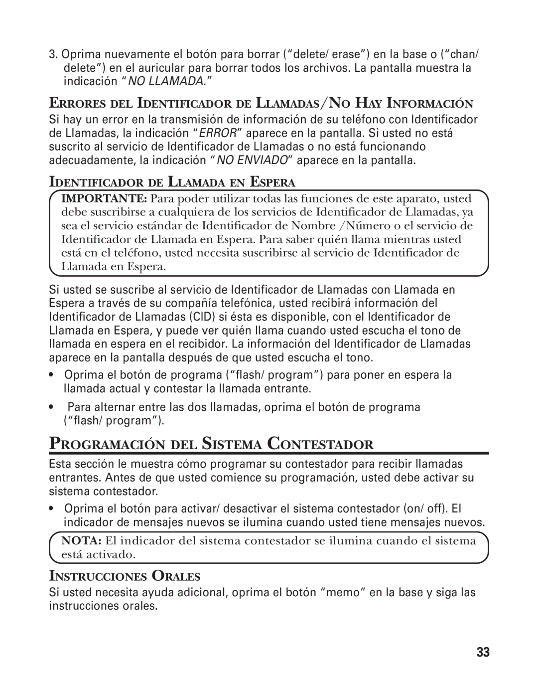 GE 55909320 manual Programación DEL Sistema Contestador, Errores DEL Identificador DE LLAMADAS/NO HAY Información 