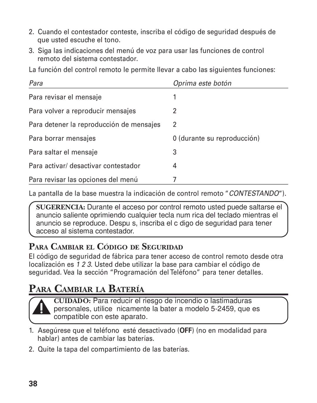 GE 55909320 manual Para Cambiar LA Batería, Para Cambiar EL Código DE Seguridad 