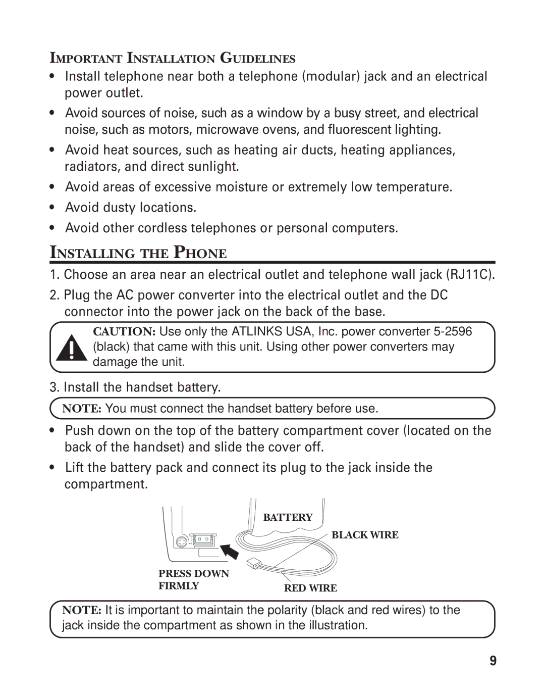 GE 55909320 manual Installing the Phone, Important Installation Guidelines, Battery Black Wire Press Down Firmly 