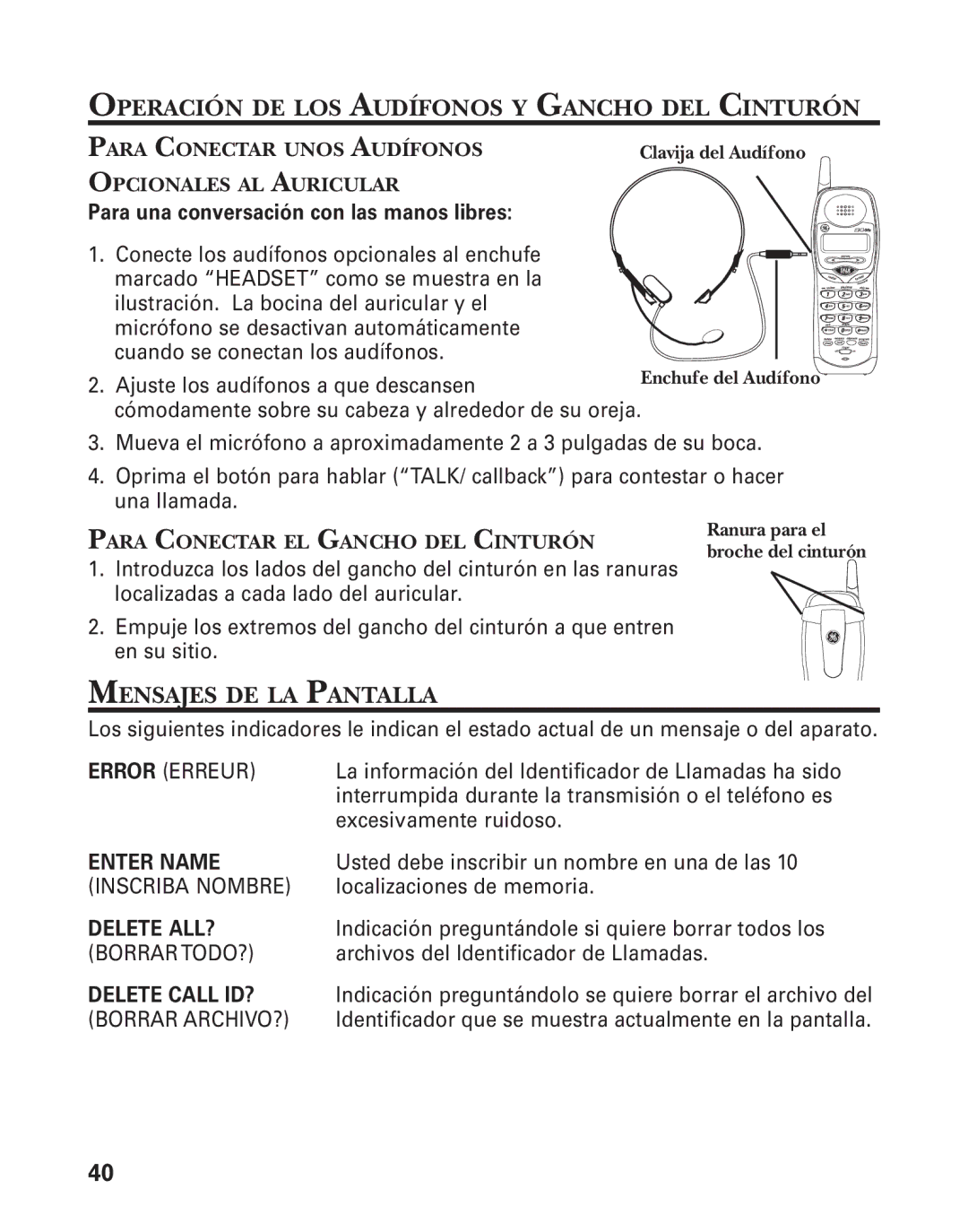 GE 55909320 manual Operación DE LOS Audífonos Y Gancho DEL Cinturón, Mensajes DE LA Pantalla 