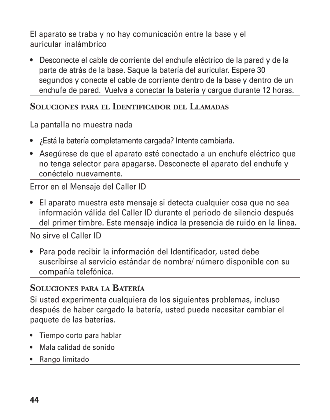 GE 55909320 manual Soluciones Para EL Identificador DEL Llamadas, Soluciones Para LA Batería 