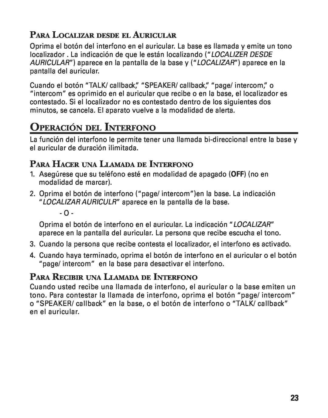 GE 55909320 manual Operación Del Interfono, Para Localizar Desde El Auricular, Para Hacer Una Llamada De Interfono 