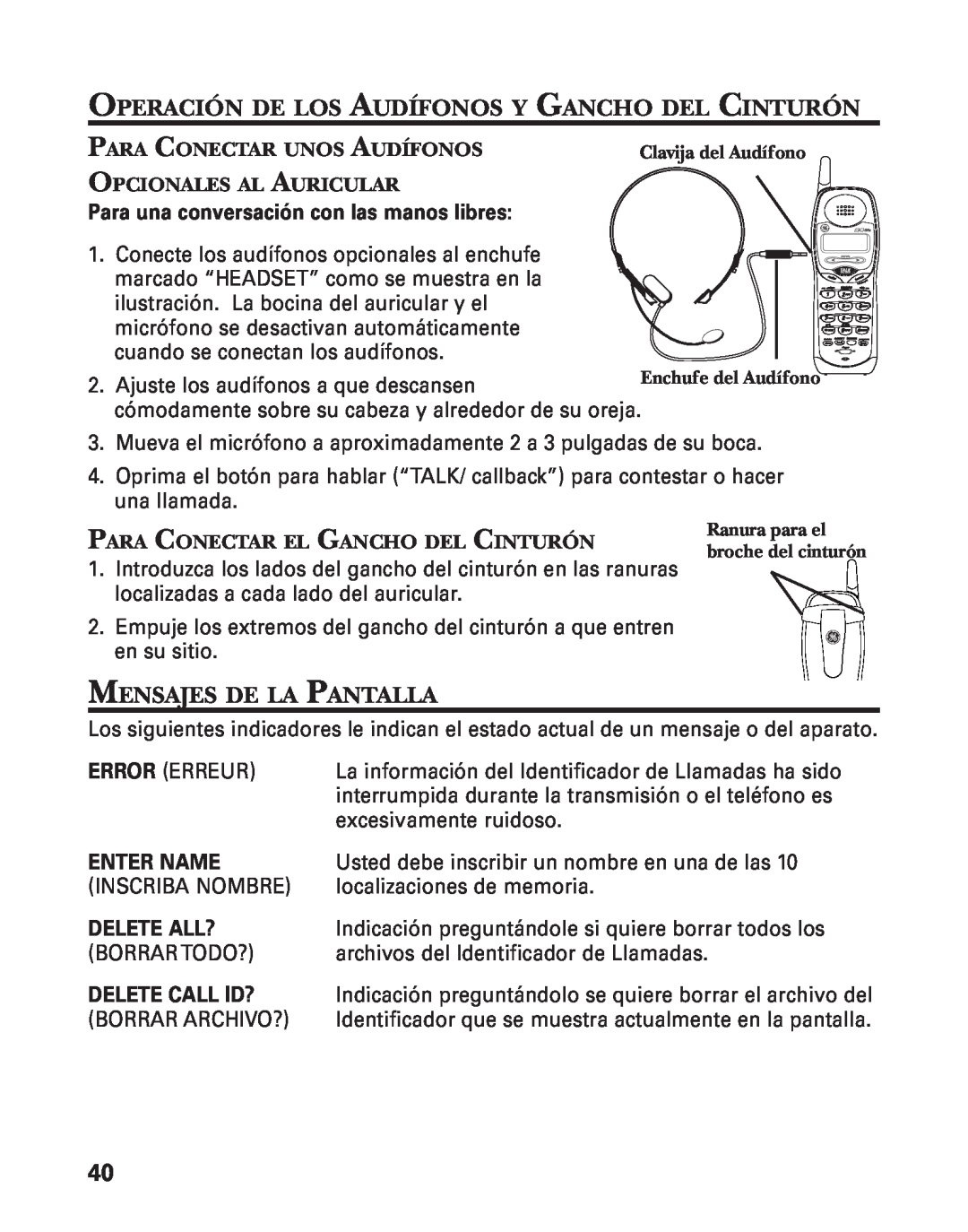 GE 55909320 manual Operación De Los Audífonos Y Gancho Del Cinturón, Mensajes De La Pantalla, Enter Name, Delete All? 