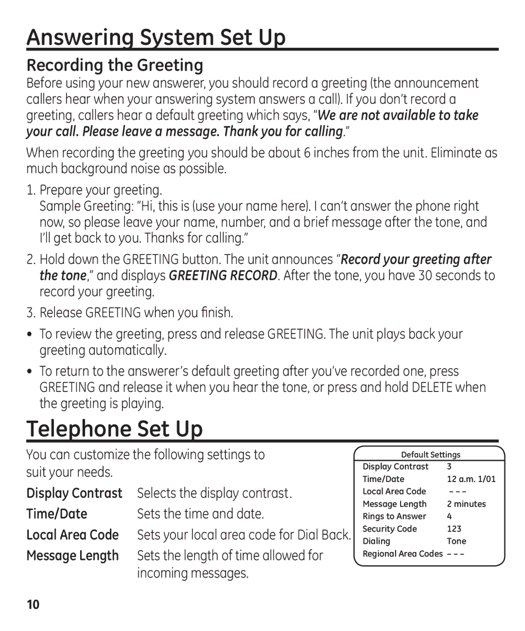 GE 55927740 manual Answering System Set Up, Telephone Set Up, Recording the Greeting 