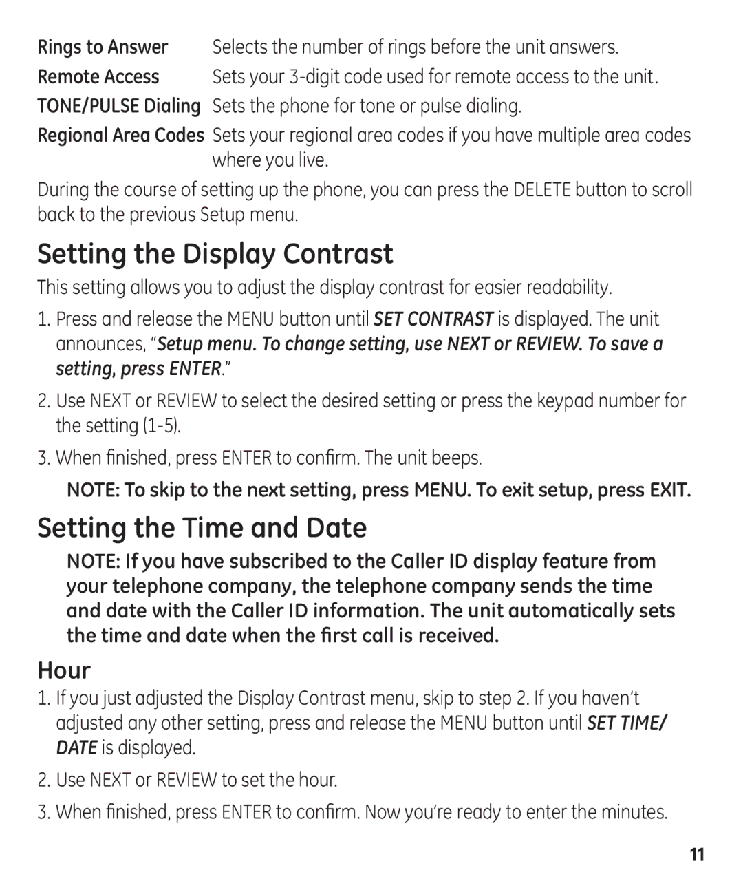 GE 55927740 manual Setting the Display Contrast, Setting the Time and Date, Hour 