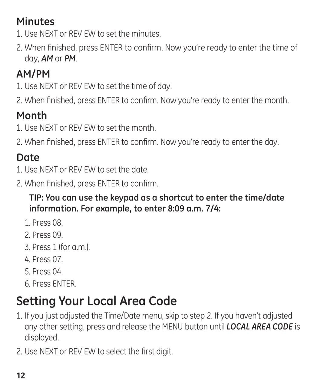 GE 55927740 manual Setting Your Local Area Code, Minutes, Month, Date 