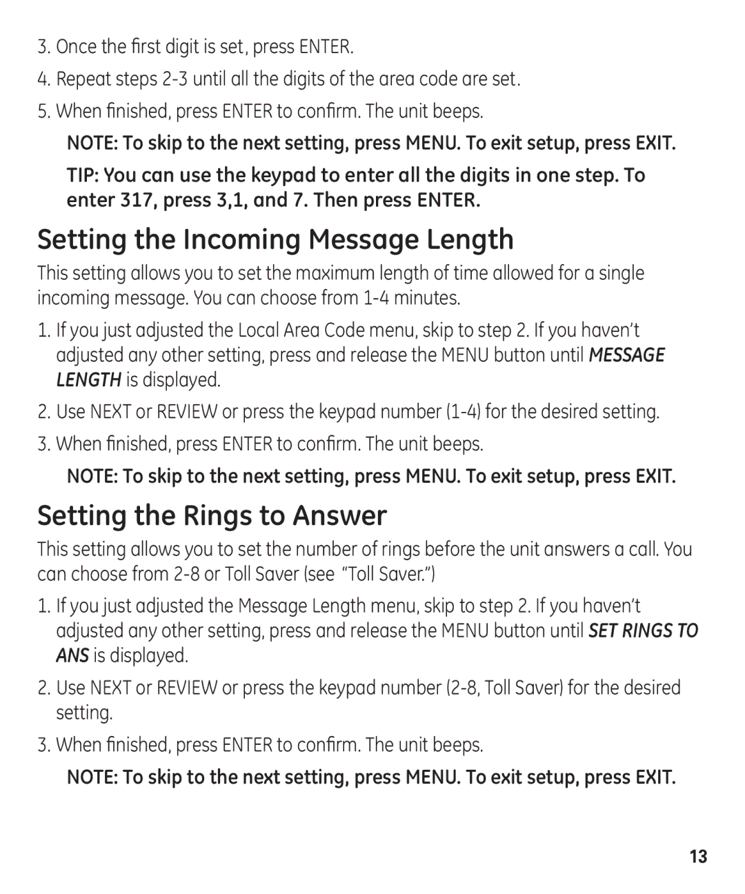 GE 55927740 manual Setting the Incoming Message Length, Setting the Rings to Answer 