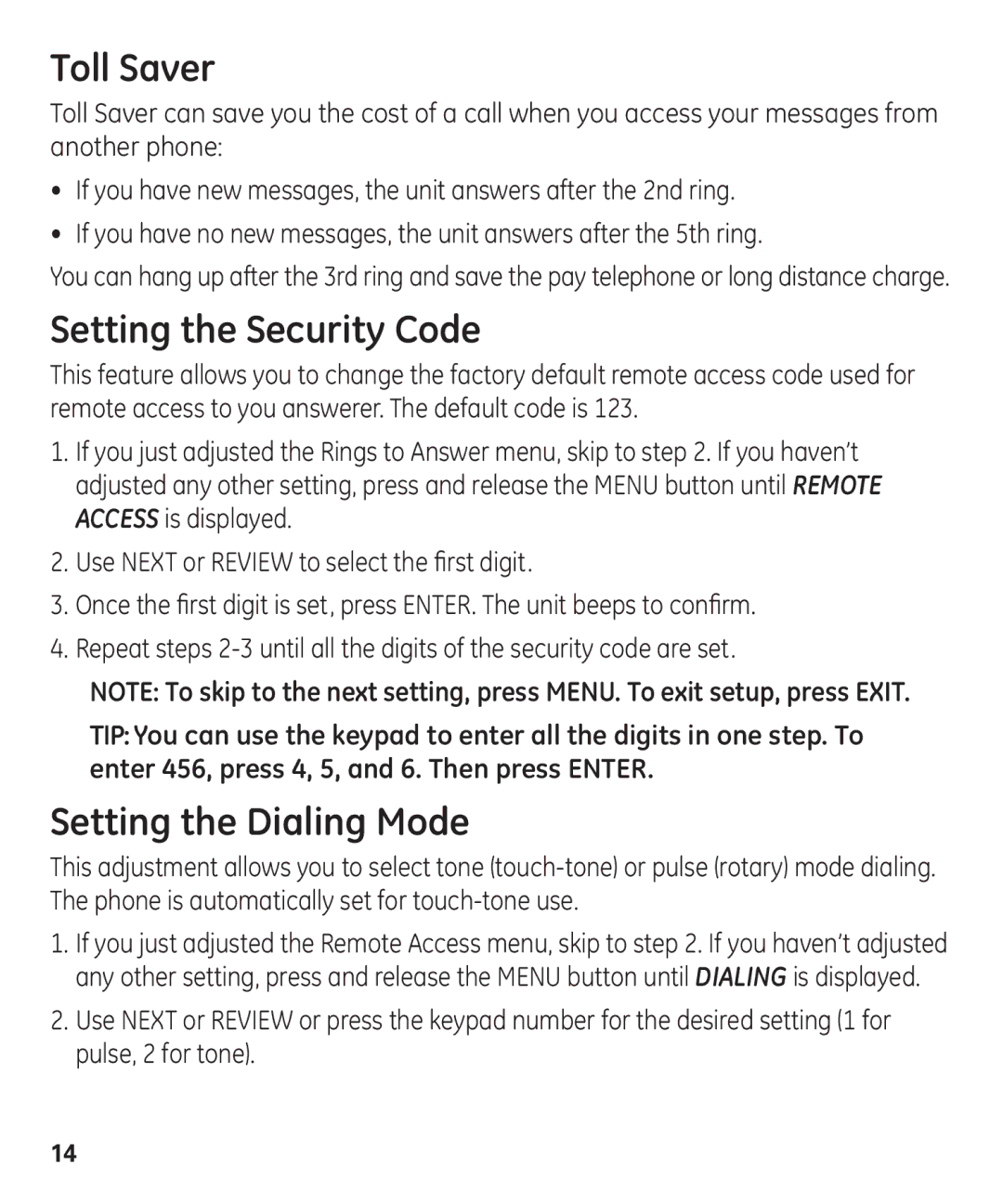 GE 55927740 manual Toll Saver, Setting the Security Code, Setting the Dialing Mode 