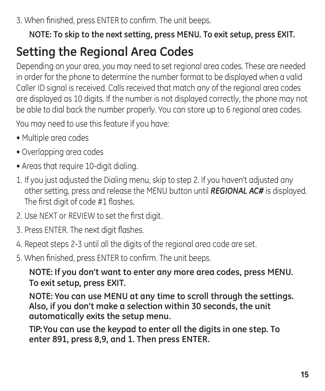 GE 55927740 manual Setting the Regional Area Codes 