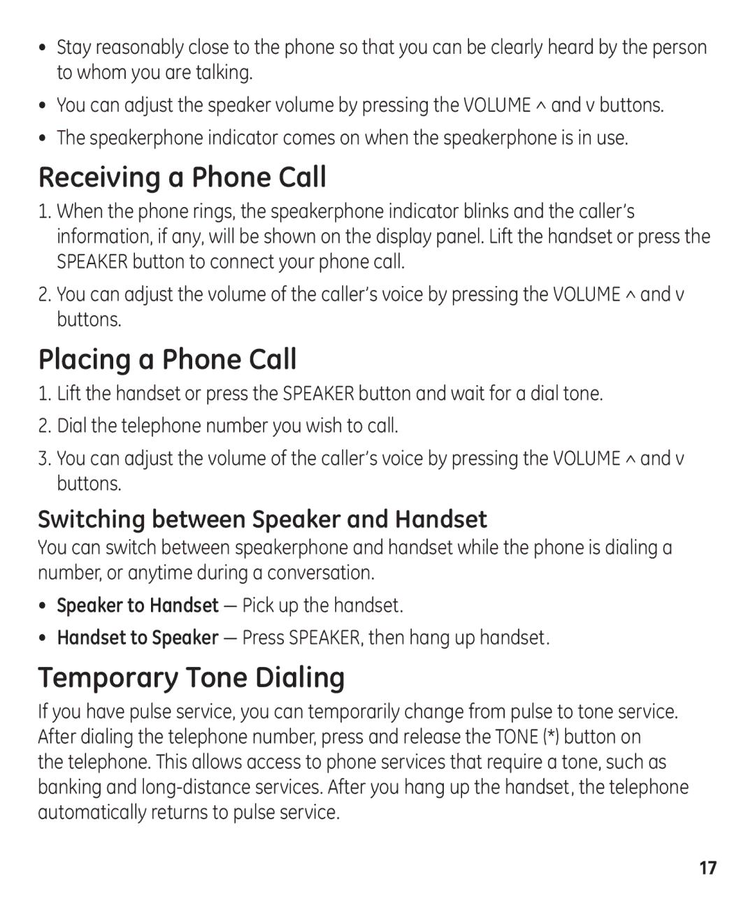 GE 55927740 Receiving a Phone Call, Placing a Phone Call, Temporary Tone Dialing, Switching between Speaker and Handset 