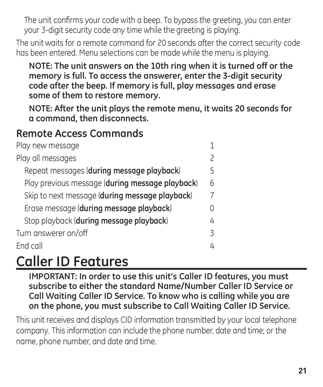 GE 55927740 manual Caller ID Features, Remote Access Commands, Repeat messages during message playback 