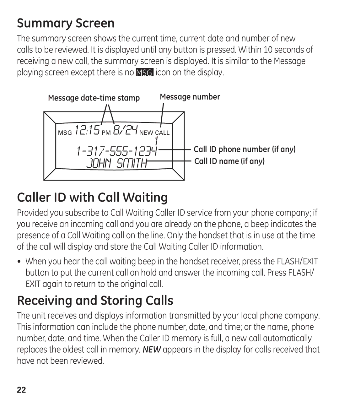 GE 55927740 manual Summary Screen, Caller ID with Call Waiting, Receiving and Storing Calls, Message date-time stamp 