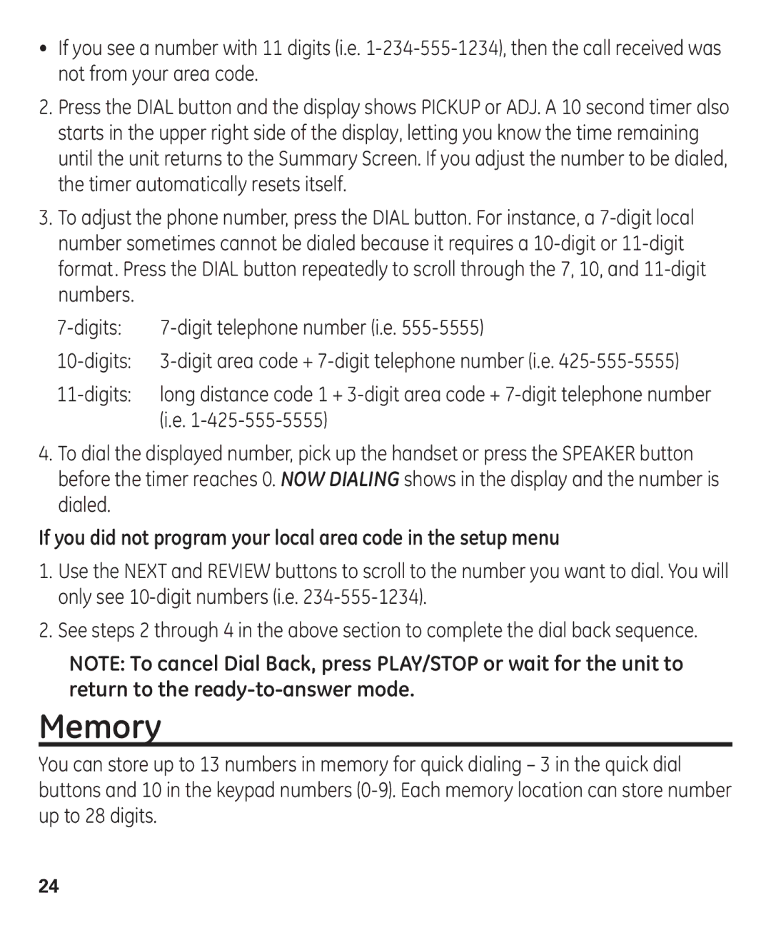 GE 55927740 manual Memory 