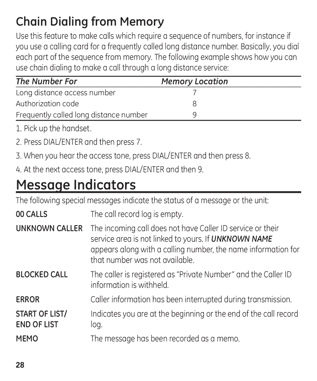 GE 55927740 manual Message Indicators, Chain Dialing from Memory, Incoming call does not have Caller ID service or their 